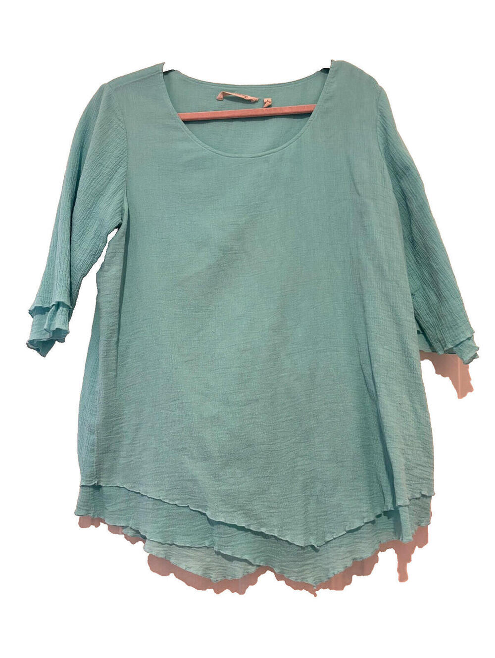 Soft Surroundings sz‎ L teal cotton lettuce hem 3/4 sleeve blouse DD